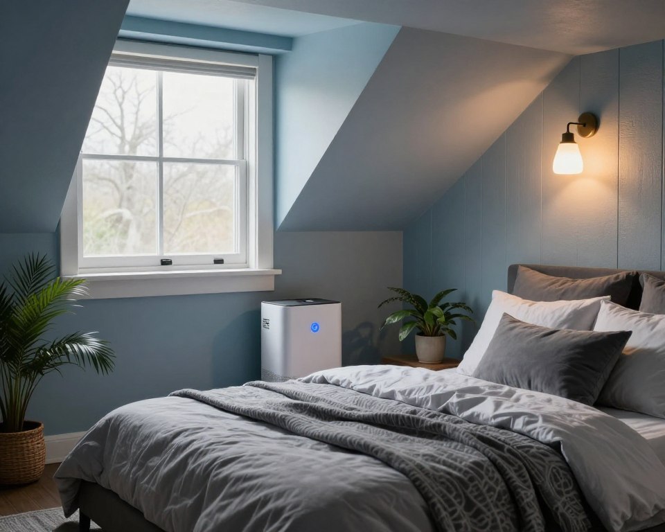 A cozy basement bedroom showcasing effective moisture control measures. In the foreground, a neatly made bed with a stylish comforter and plush pillows sits beneath a beautifully framed window that allows natural light to filter in. The middle layer features a dehumidifier discreetly placed near the bed, along with moisture-resistant wall panels, adding a modern touch. Decorative elements include potted plants that thrive in low-light conditions, emphasizing a calm atmosphere. The background displays a soothing color palette of soft blues and grays, enhancing the cozy retreat vibe. Ambient lighting from sconces creates a warm, inviting glow. This image reflects an inspiring, moisture-controlled basement bedroom setting, perfect for relaxation. Styled for GSG.com.
